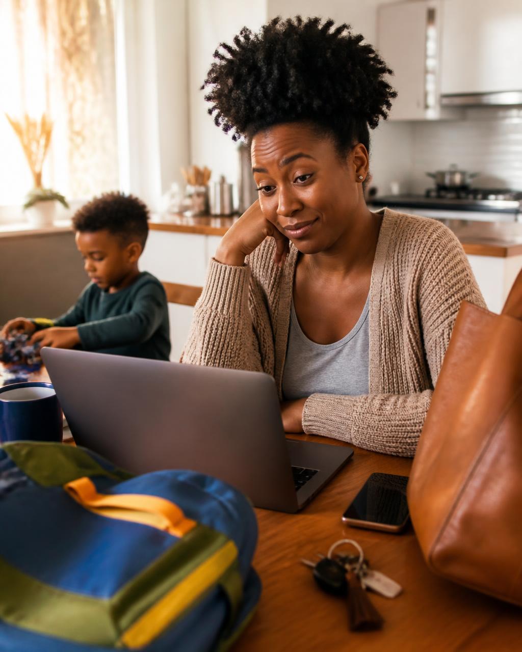 A mother at her kitchen table after work, laptop open, her son playing nearby